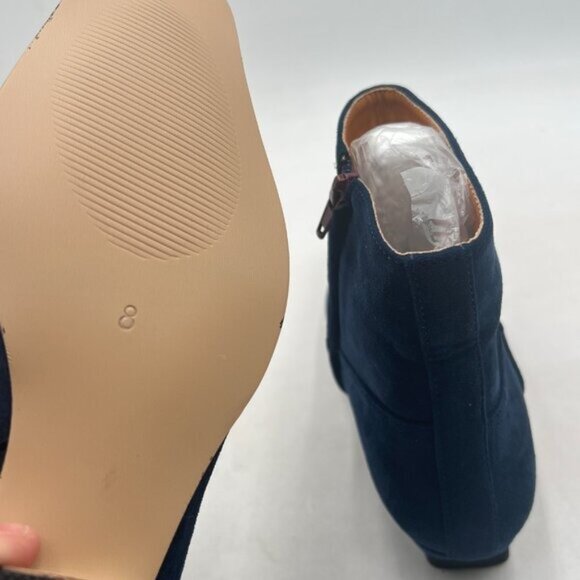 Navy Square Toe Booties Low Chunky Heels Side Zipper Ankle Boots Formal Shoes - Picture 6 of 8